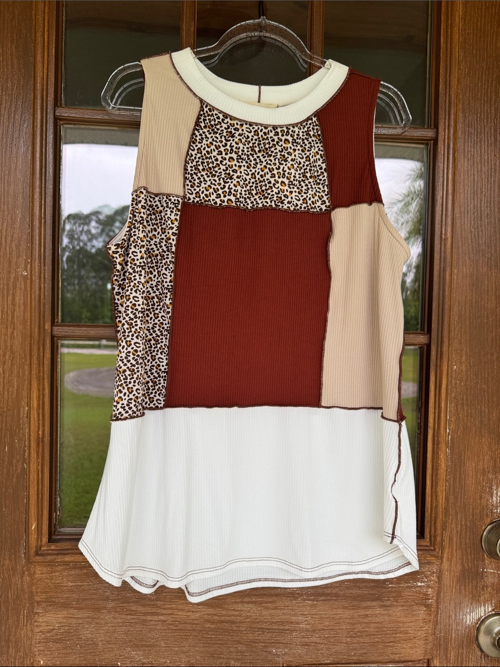 Patchwork Ribbed Tank Top - Cream, Beige & Rust with Leopard - Unbranded